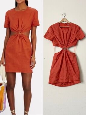 Staud SMALL Epona 100% linen cut out short sleeve mini dress in burnt orange